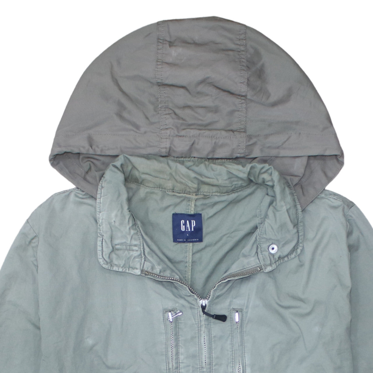 GAP Women's Green Hooded Anorak Jacket L Cotton Zip Pockets Casual