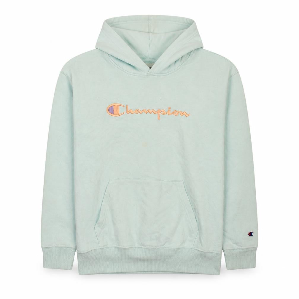 Front view of Champion boys’ blue xl pullover hoodie with logo embroidery
