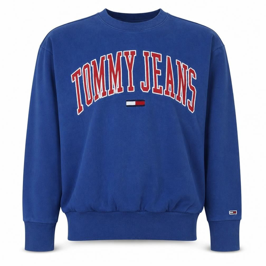 Front view of Tommy Jeans Men's Blue Cotton Crew Neck Logo Sweatshirt M