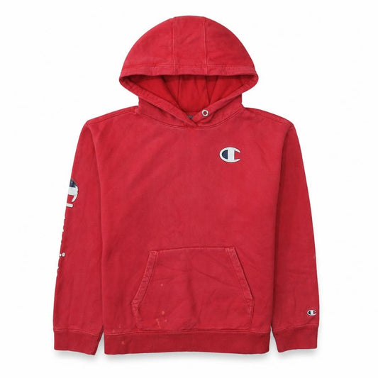 Front view of Champion men’s red medium pullover hoodie logo sweatshirt