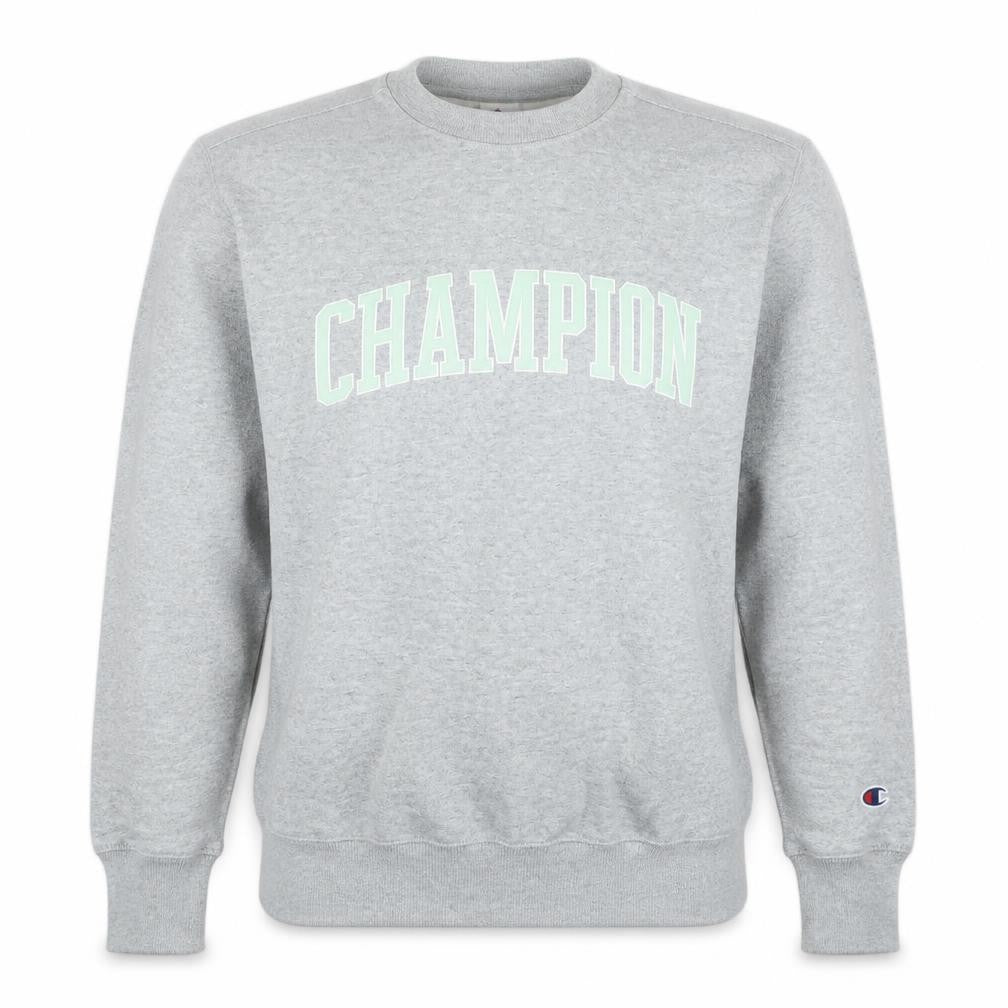 Front view of Champion Men's Grey Pullover Sweatshirt Large Crew Neck Logo
