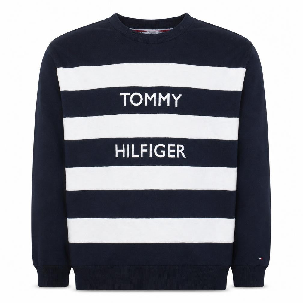 Front view of Tommy Hilfiger Men's Blue Striped Crew Neck Sweatshirt L