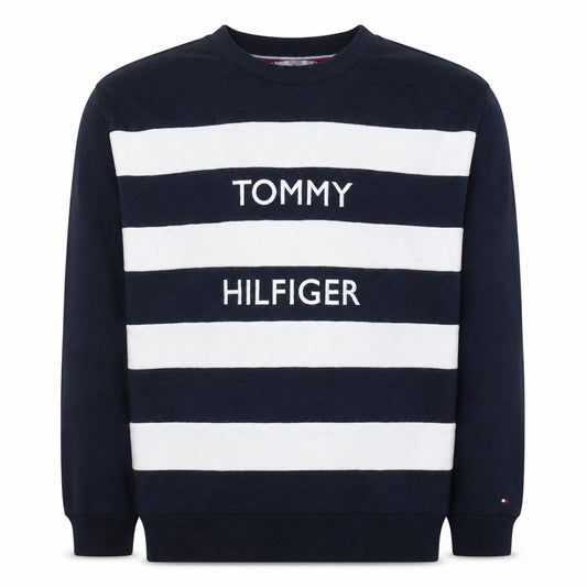 Front view of Tommy Hilfiger Men's Blue Striped Crew Neck Sweatshirt L