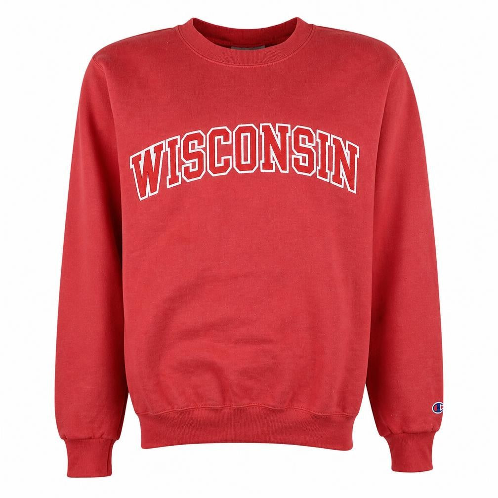 Front view of Champion Men's Red Wisconsin Crew Neck Sweatshirt, size S