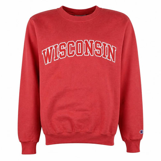 Front view of Champion Men's Red Wisconsin Crew Neck Sweatshirt, size S