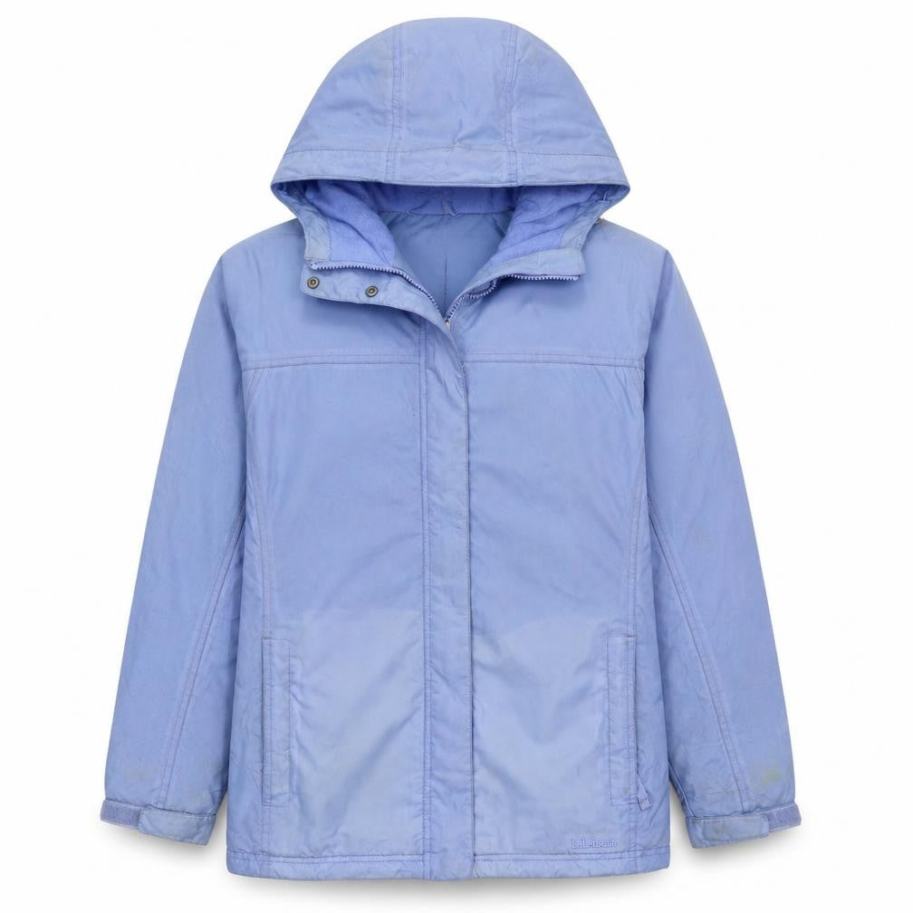 Front view of L.L. Bean women’s blue hooded waterproof rain jacket l regular