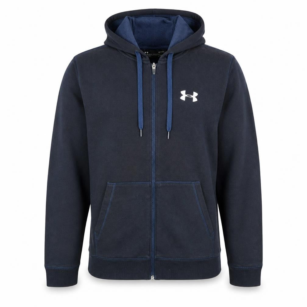 Front view of Under Armour Men's Blue Full Zip Hoodie, size L, ColdGear Fitted
