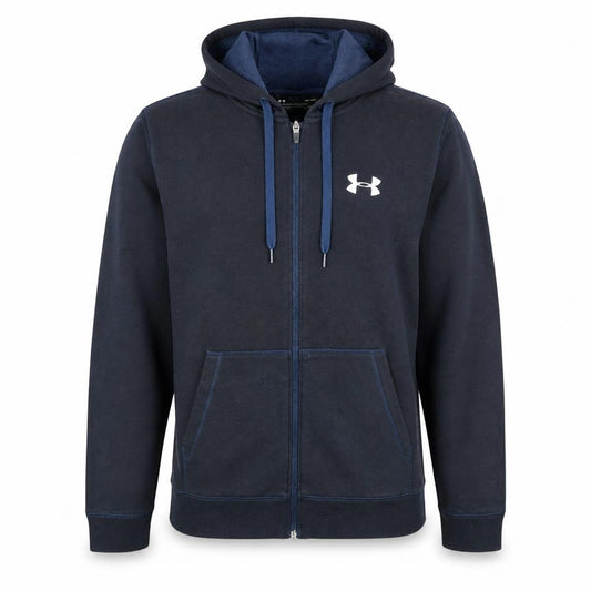 Front view of Under Armour Men's Blue Full Zip Hoodie, size L, ColdGear Fitted