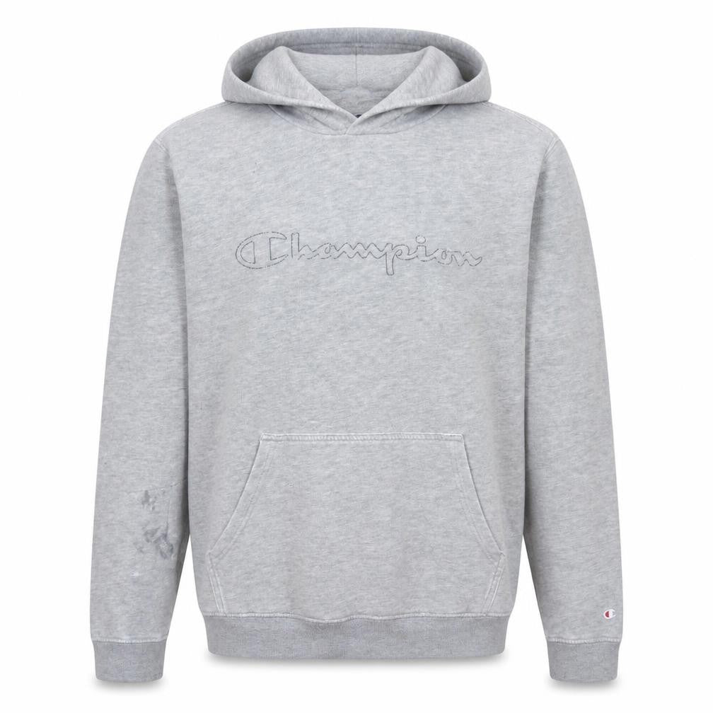 Front view of Champion men’s grey xl pullover hoodie embroidered logo sweatshirt