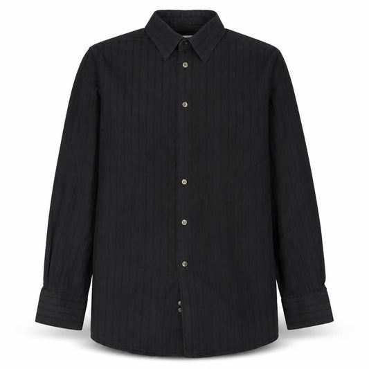 Front view of Calvin Klein Men's Black Slim Fit Long Sleeve Striped Button-Up Shirt, size S