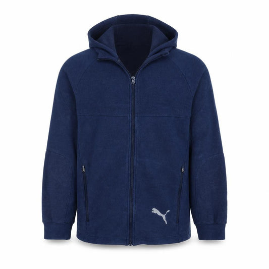 Front view of Puma Men's Blue Full Zip Hoodie, size M, Sports Fleece Sweatshirt