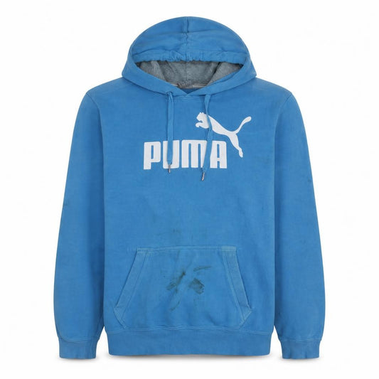 Front view of Puma Men Blue Pullover Hoodie XL Sports Fleece Logo Sweatshirt