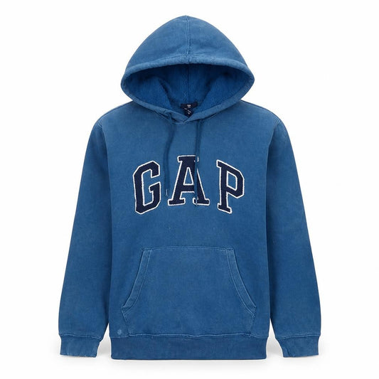 Front view of Gap Men's Blue Pullover Hoodie Small Embroidered Logo Fleece