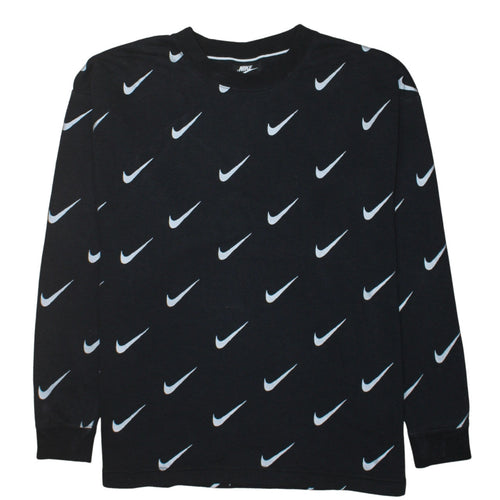 Nike Women’s Black Small Pullover Sweatshirt with All Over Swoosh Logo Print