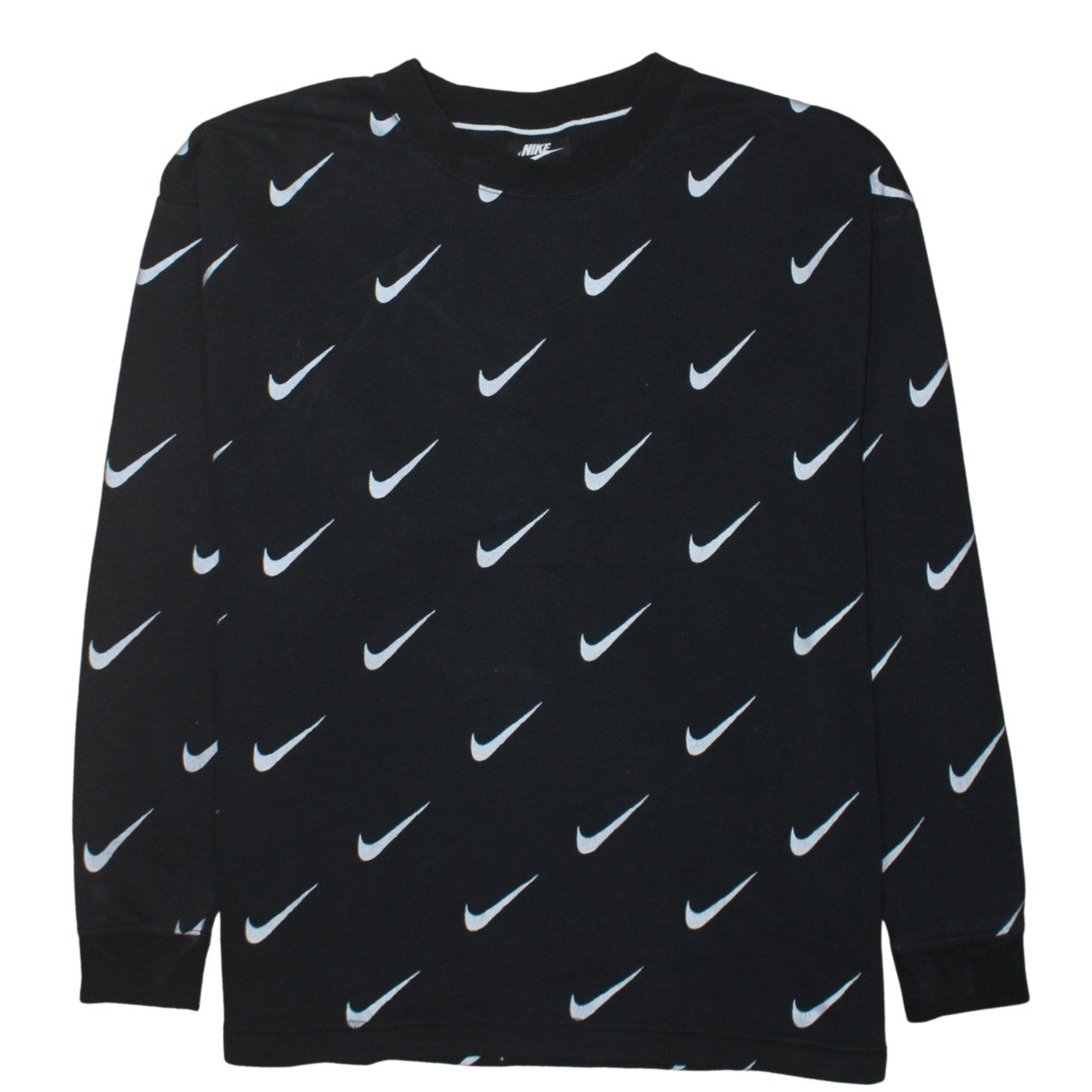 Nike Women’s Black Small Pullover Sweatshirt with All Over Swoosh Logo Print