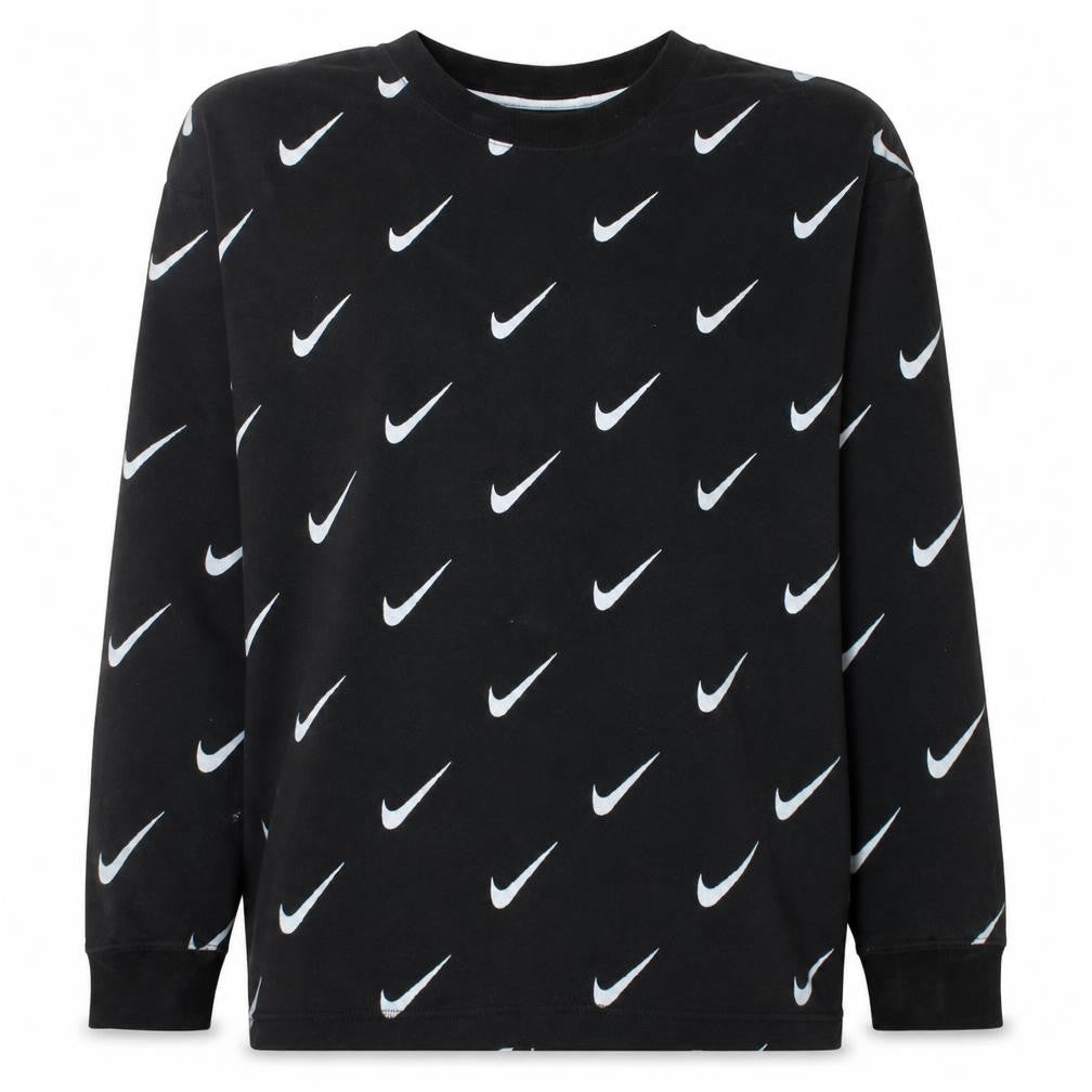 Front view of Nike Women’s Black Small Pullover Sweatshirt with All Over Swoosh Logo Print
