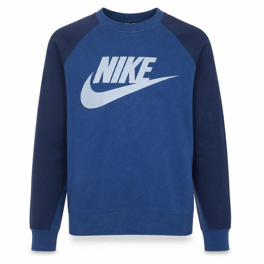 Front view of Nike Men's Blue Crew Neck Logo Pullover Sweatshirt, size M