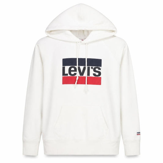 Front view of Levi's Men's White Pullover Hoodie M Classic Logo Fleece Sweatshirt