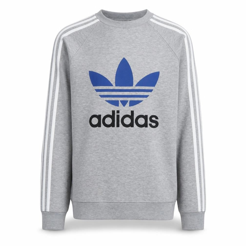 Front view of Adidas Men Grey Trefoil Crew Neck Long Sleeve Sweatshirt M