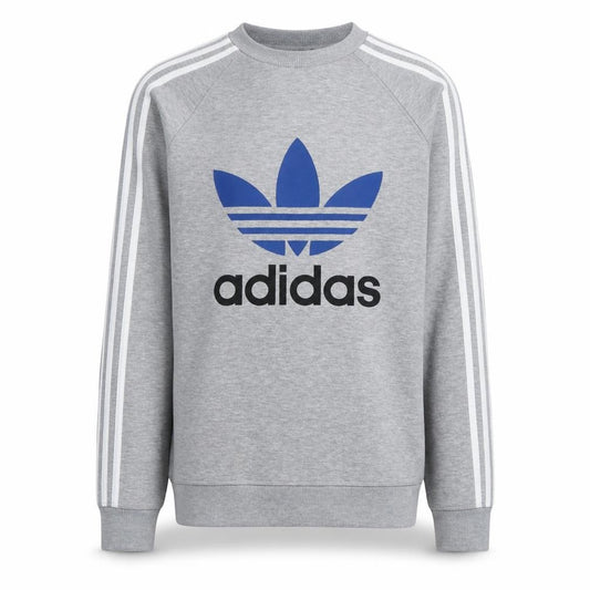 Front view of Adidas Men Grey Trefoil Crew Neck Long Sleeve Sweatshirt M