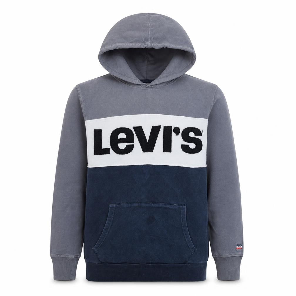 Front view of Levi's Men's Blue Colourblock Logo Pullover Hoodie, size M