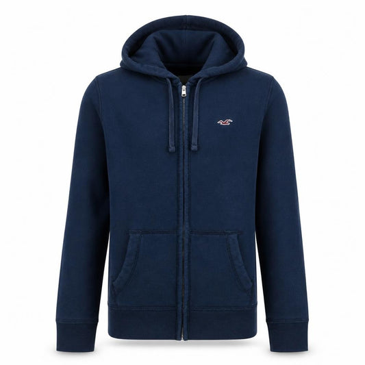 Front view of Hollister Men’s Blue Full Zip Hoodie, size S, Fleece Cotton