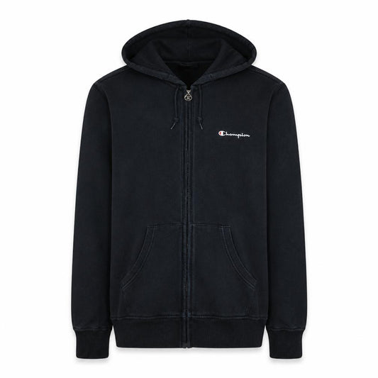 Front view of Champion Men's Black Full Zip Hoodie, size S, Logo Sportswear
