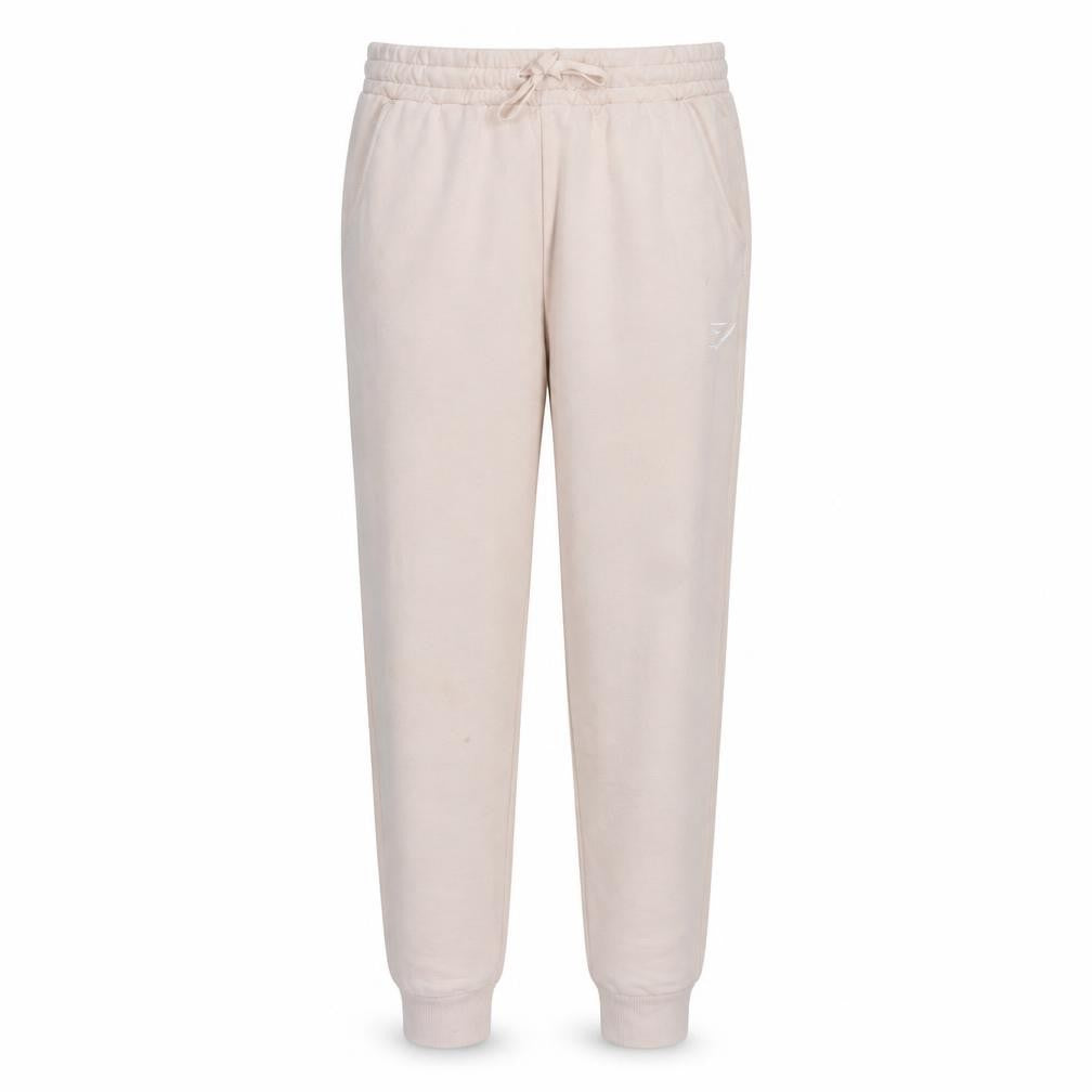 Front view of Gymshark women’s beige jogger sweatpants, size S, viscose blend