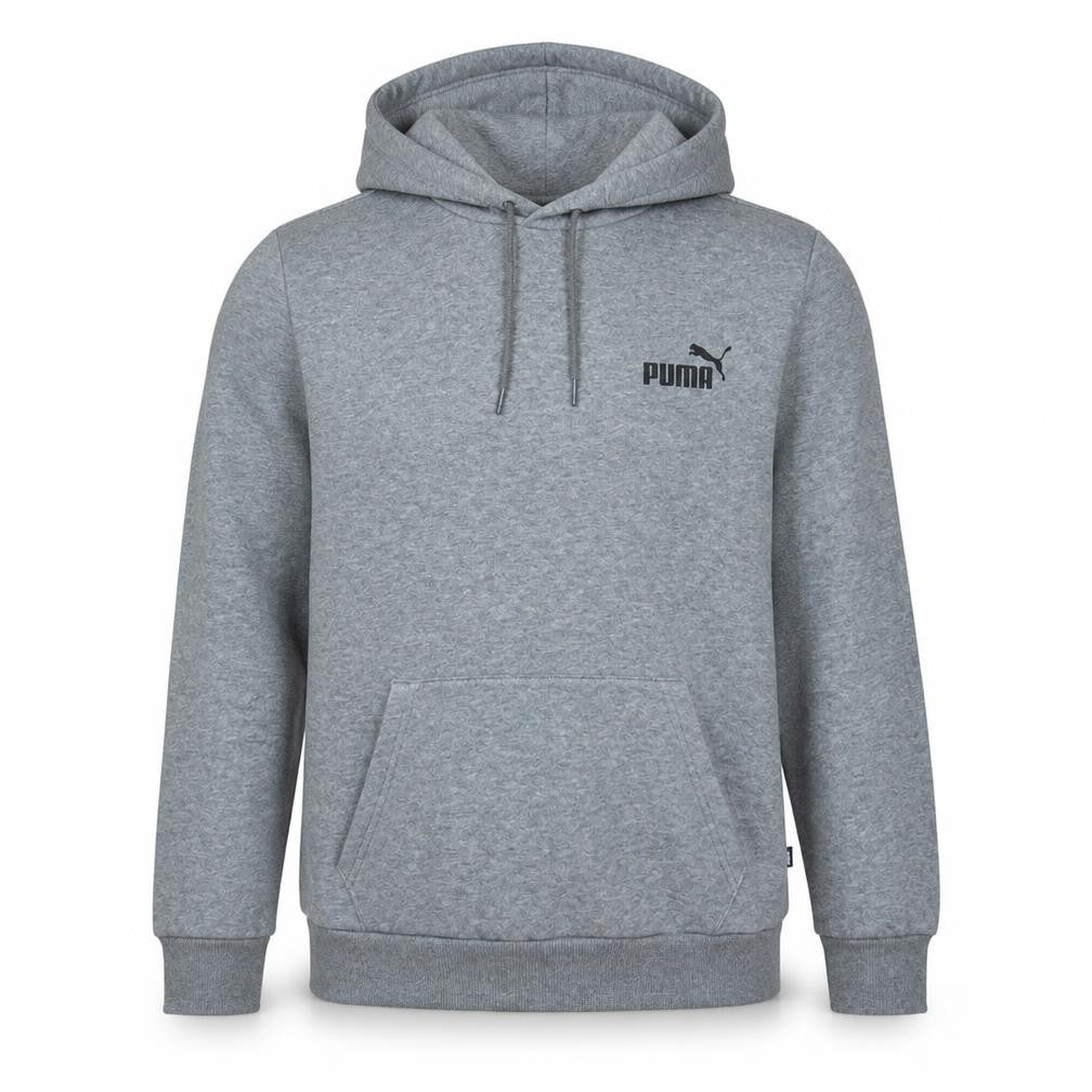 Front view of Puma Men’s Grey Pullover Hoodie, size S, Regular Fit Logo Fleece