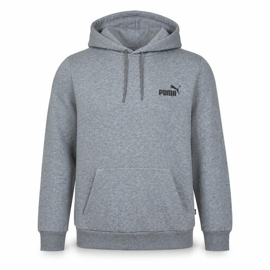Front view of Puma Men’s Grey Pullover Hoodie, size S, Regular Fit Logo Fleece