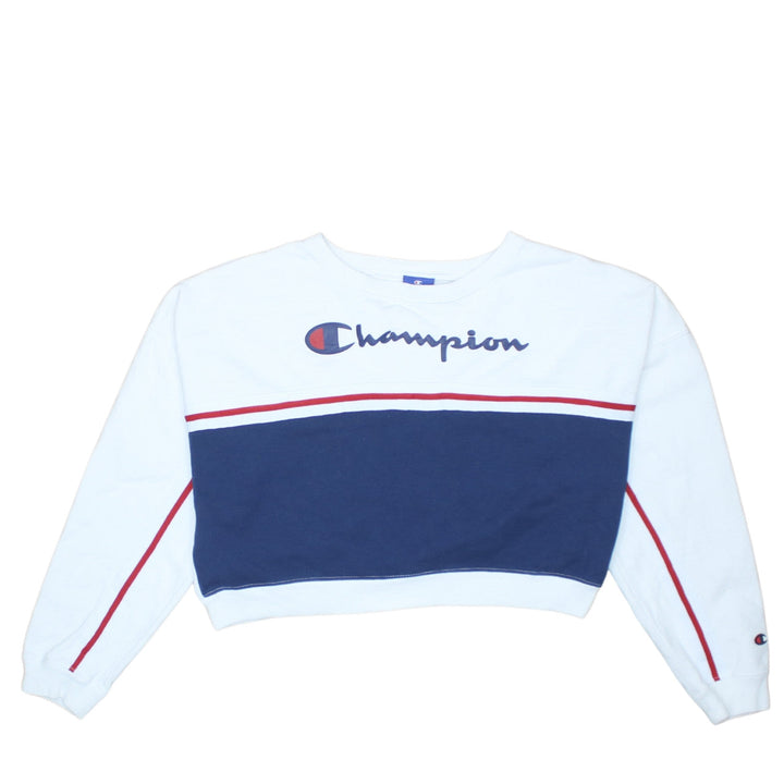 Champion Womens White Blue Small Crew Neck Pullover Sweatshirt