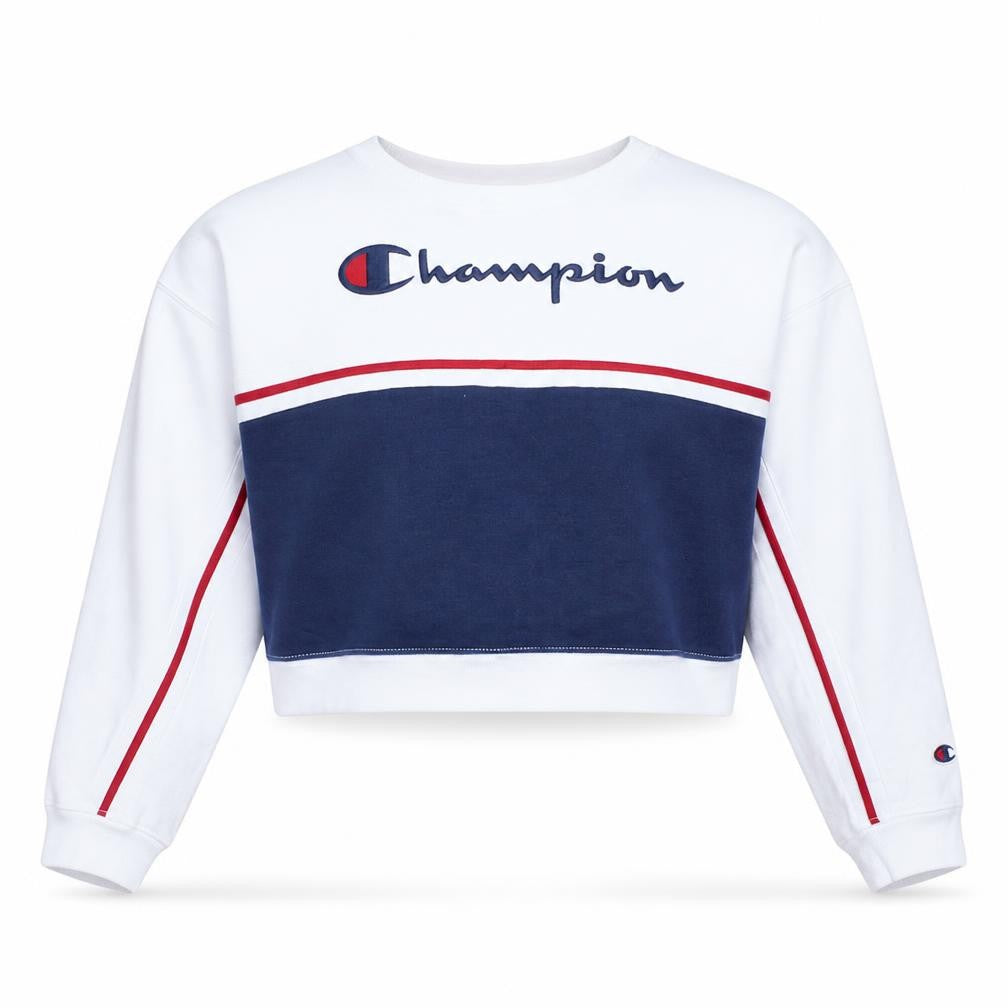 Front view of Champion women’s white blue small crew neck pullover sweatshirt