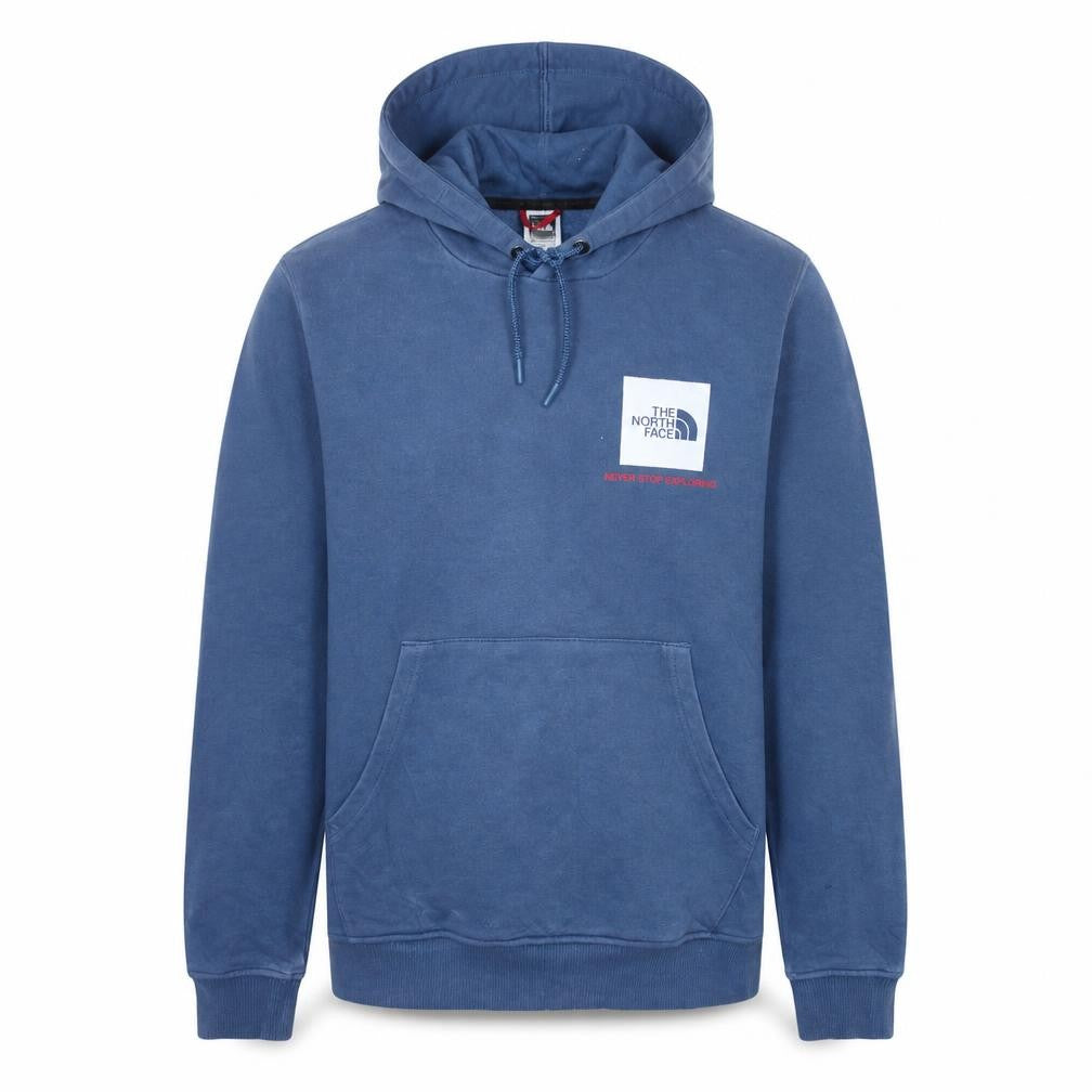 Front view of The North Face Men's Blue Small Pullover Hoodie with Logo Pocketed Sweatshirt