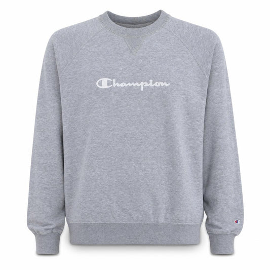 Front view of Champion men’s grey crew neck pullover sweatshirt l cotton blend