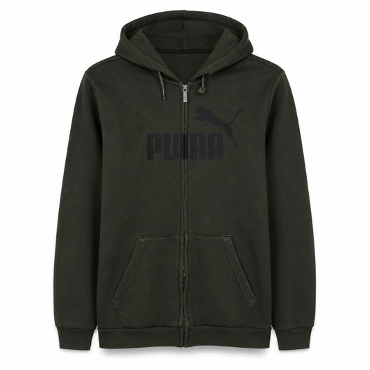 Front view of Puma Men’s Green Full Zip Hoodie, size L, Fleece Logo Sportswear