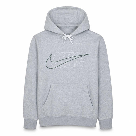 Front view of Nike men’s grey pullover hoodie small logo sportswear fleece