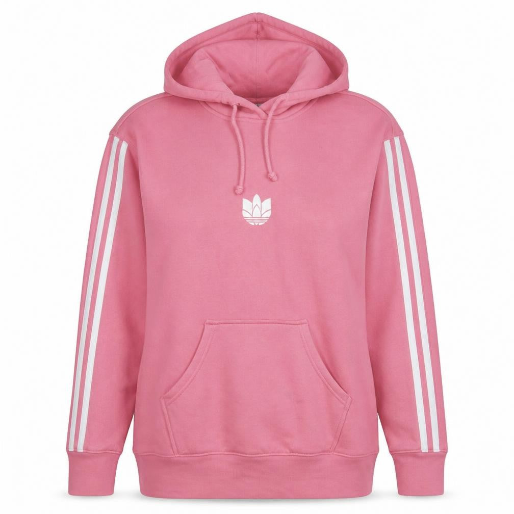 Front view of Adidas women’s pink pullover hoodie, size UK 10, cotton blend casual