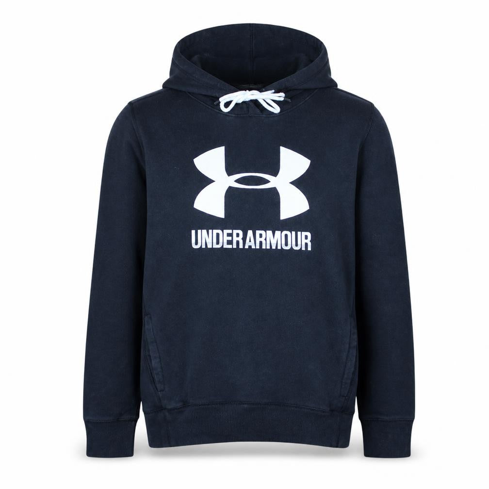 Front view of Under Armour Men's Black Pullover Hoodie M Relaxed Fit Sportswear