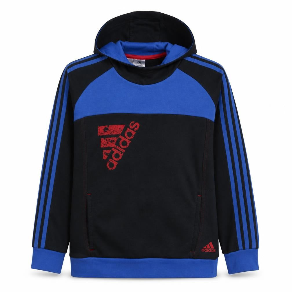 Front view of Adidas boys’ black blue hooded pullover sweatshirt 13-14 years logo design