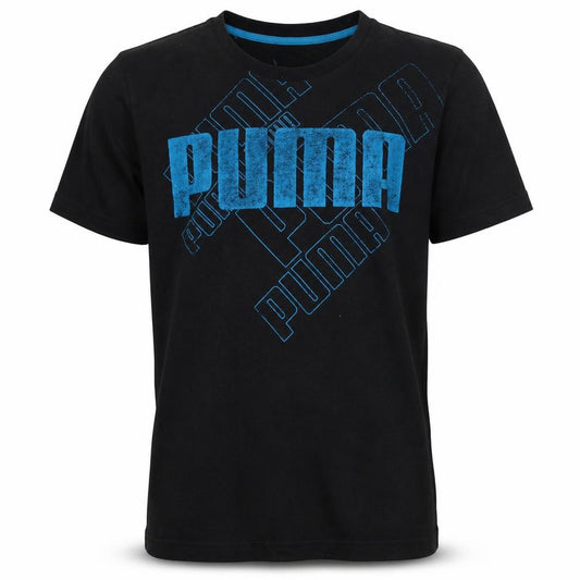 Front view of Puma Men's Black Blue Graphic Logo Cotton T-Shirt, size M