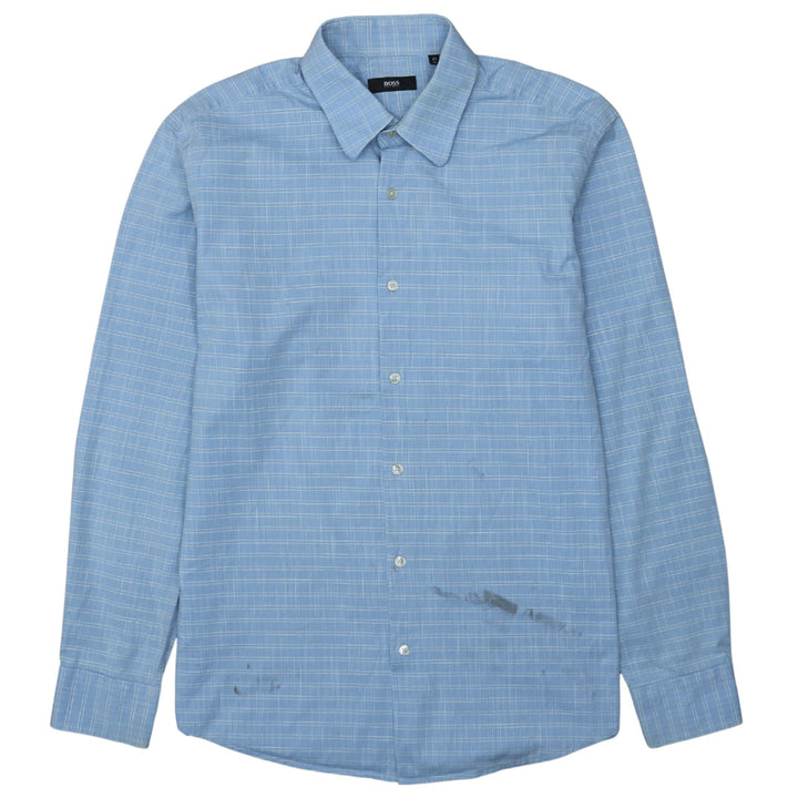 Hugo Boss Men's Blue Checked Long Sleeve Cotton Shirt Size 16 Regular Fit