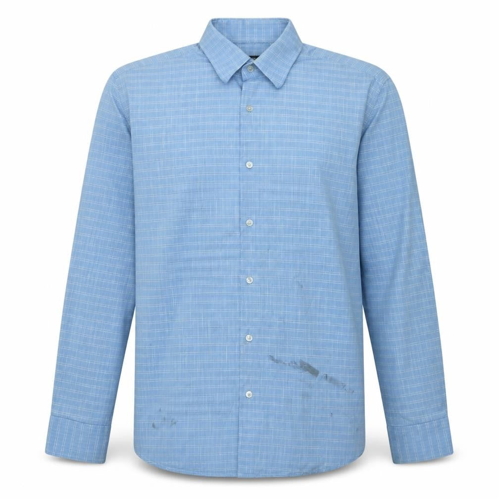 Front view of Hugo Boss Men's Blue Checked Long Sleeve Cotton Shirt, size 16, Regular Fit