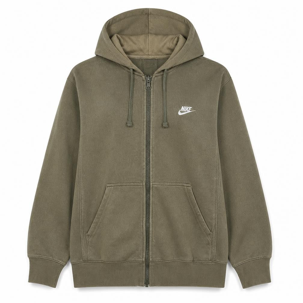 Front view of Nike men’s khaki full zip hoodie sweatshirt, size S