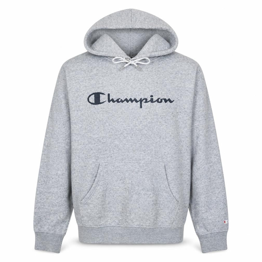Front view of Champion Men's Grey Pullover Hoodie, size L, Logo Fleece Sweatshirt