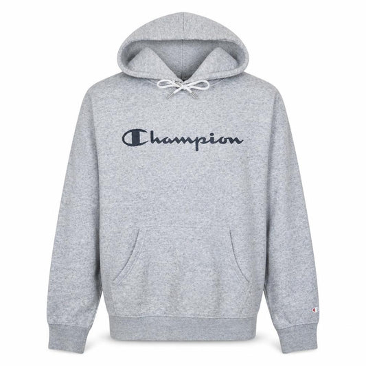 Front view of Champion Men's Grey Pullover Hoodie, size L, Logo Fleece Sweatshirt