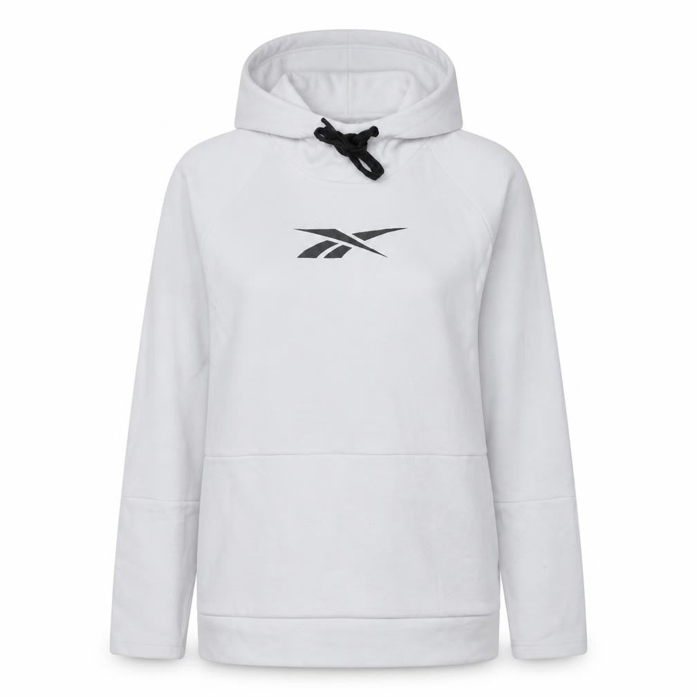 Front view of Reebok women’s white pullover hoodie medium, size UK 12-14, speedwick cotton blend