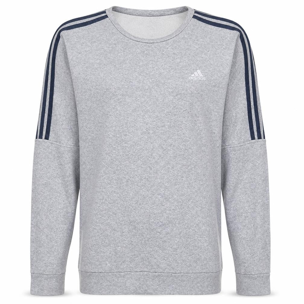 Front view of Adidas men’s grey long sleeve pullover sweatshirt, size L