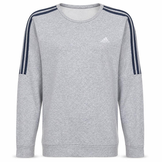 Front view of Adidas men’s grey long sleeve pullover sweatshirt, size L