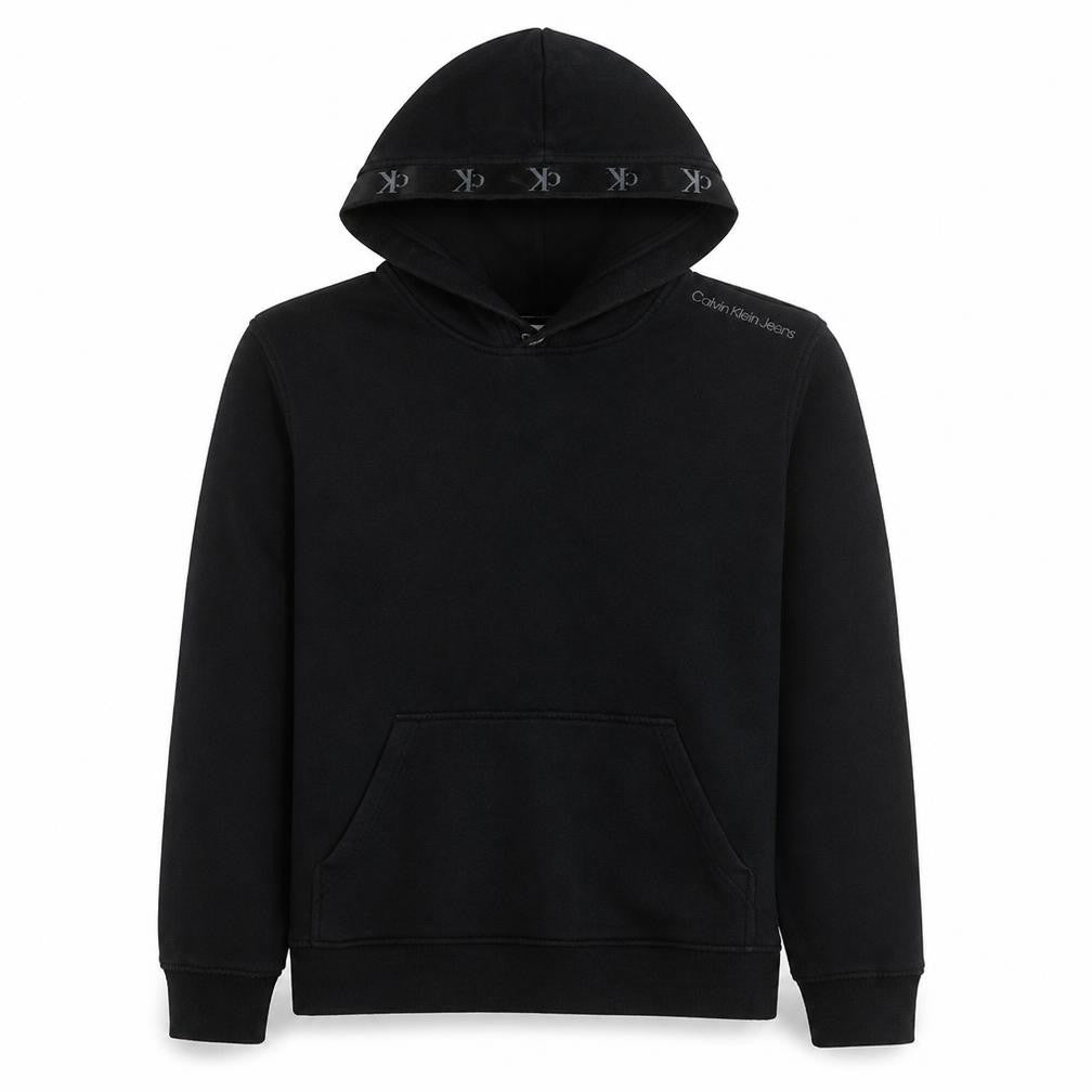 Front view of Calvin Klein Jeans Men's Black Pullover Hoodie, size S, Regular Fit