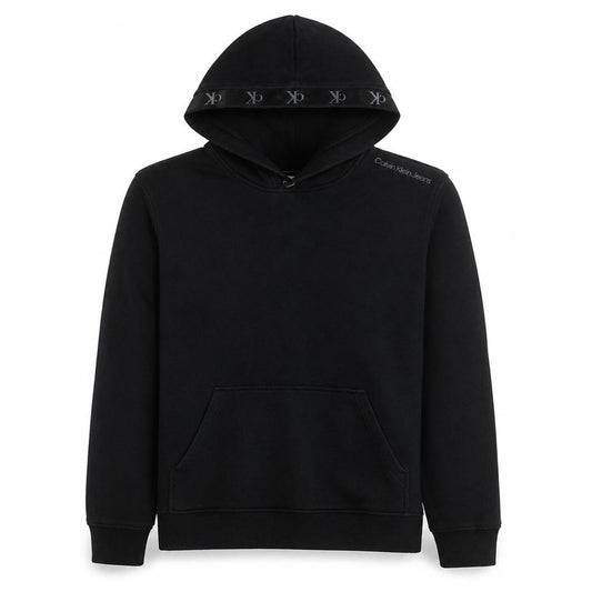 Front view of Calvin Klein Jeans Men's Black Pullover Hoodie, size S, Regular Fit